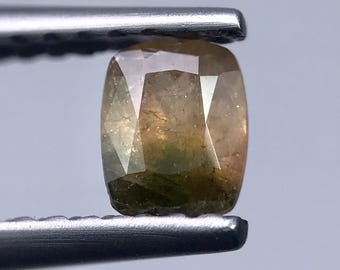 May include: A faceted gemstone held by tweezers. The gem has a cushion cut with a mix of brown, green, and yellow hues. The gem is held against a light gray background.
