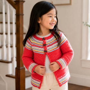 May include: A red crochet cardigan with colorful horizontal stripes on the yoke and sleeves. The cardigan has three brown buttons and is worn by a young person. The overall style is handmade and cozy.