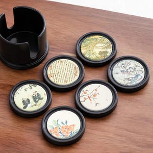 Japanese Round Tea Coasters Set - Traditional Wooden Tea Coasters for Tea Ceremony, 6 Designs, Set of 6 Matching or Mixed Styles with Stand