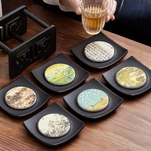 Japanese Tea Coasters Set - Traditional Wooden Tea Coasters for Tea Ceremony, 6 Designs, Set of 6 Matching or Mixed Styles with Stand