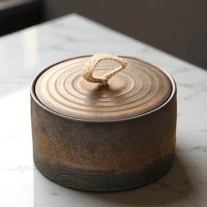 Rustic Ceramic Storage Jar with Lid, Kitchen Canister for Coffee, Tea, Sugar, Spices, Decorative Organizer with Natural Rope Handle