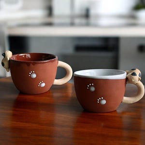 Handmade Ceramic Cat Mug – Cute Pottery Coffee Cup, Unique Tea Mug, Cat Lover Gift, Aesthetic Japanese Style Cup, Brown or White