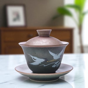 Kran Gaiwan Teetasse, Chinesische Teeschale mit Deckel, Kung Fu Teeset, Gongfu Teegeschirr, Japanische Teezeremonie, Einzigartiges Geschenk für Teeliebhaber