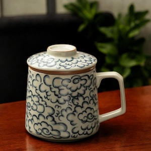 Taza de té de cerámica con tapa y asa, taza de café con estampado de nubes, estilo japonés, regalo para amantes del té.