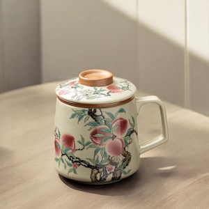 Taza de té de cerámica vintage china con diseño de flor de durazno, con tapa e infusor. Taza de café de porcelana con diseño floral. Un regalo único para amantes del té y coleccionistas.