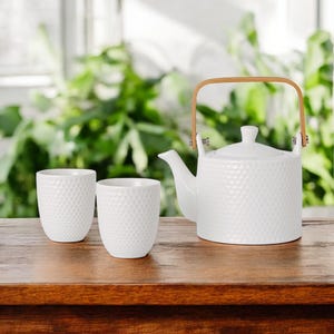 Keramik Teekanne & Tasse Set - Weißes oder schwarzes modernes Teeset mit Holzgriff, minimalistisches Küchendekor, elegantes Geschenk für Teeliebhaber