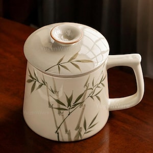 Elegante taza de té de bambú con tapa, taza de café de porcelana blanca, taza de cerámica de estilo chino, regalo para amantes del té, para uso en la oficina y el hogar.