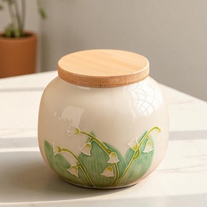 Ceramic Storage Jar with Bamboo Lid – Floral Kitchen Container for Tea, Coffee, Spices, Herbs, Sugar, Decorative Canister Gift