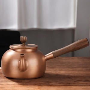 Copper Teapot Japanese Style, Vintage Tea Kettle with Wooden or Wrapped Handle, Stovetop Kettle for Coffee, Tea & Kitchen Decor