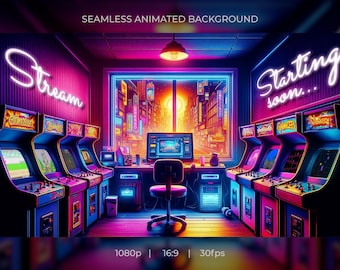 Transmisja Arcade Stream wkrótce Animacja neonowego znaku | Animowane tło Gamer Arcade | Pętla wideo HD dla streamerów, graczy, twórców treści