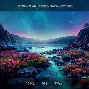 May include: A digital landscape with a starry night sky, mountains, and a body of water. The foreground features colorful flowers and rocks. Text at the top reads "LOOPING ANIMATED BACKGROUND". The bottom text indicates 1080p, 16:9, and 30fps.