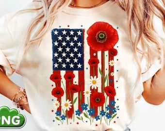 Floral American Flag PNG: 4th of July Sublimation Design