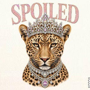 May include: Illustration of a leopard wearing a jeweled crown and necklace, with the word "SPOILED" above. The leopard has a spotted coat and is set against a white background. The image includes the text "01 PNG".