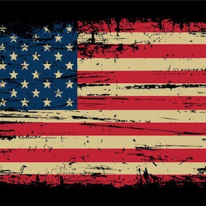 May include: Distressed design of the American flag with a grunge effect. The flag shows blue stars on a blue background, red and white stripes, and a black border. The design has a vintage, worn appearance.