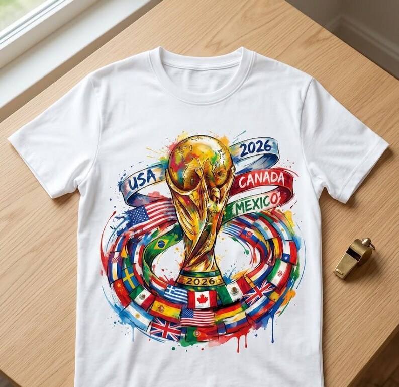 May include: A white t-shirt featuring a central graphic of a gold trophy surrounded by a circular arrangement of various national flags. The design includes the text USA, CANADA, MEXICO, and 2026, accented with colourful watercolour paint splatters.