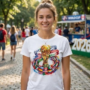 May include: A white t-shirt featuring a colourful graphic of the 2026 World Cup trophy surrounded by a swirling ring of international flags. The design includes the text USA, CANADA, MEXICO, and 2026 in a vibrant, watercolour-style artistic print.