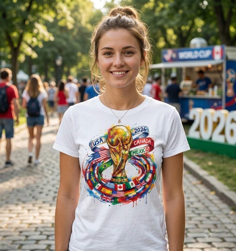 May include: A white t-shirt featuring a colourful graphic of the 2026 World Cup trophy surrounded by a swirling ring of international flags. The design includes the text USA, CANADA, MEXICO, and 2026 in a vibrant, watercolour-style artistic print.