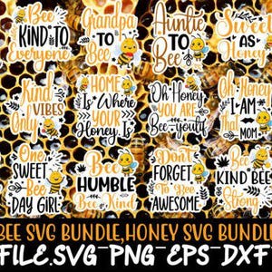 May include: A collection of 20 bee-themed SVG designs with quotes like "Always Be Your Own Queen Bee" and "Sweet as Honey." The designs feature cartoon bees and floral accents, perfect for crafting projects. The image includes the text "BEE SVG BUNDLE, HONEY SVG BUNDLE QUOTES."