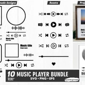 May include: Black and white music player bundle with premade designs, assets, and project ideas. Includes music player icons, waveform graphics, and text fields for music title and singer name. The text "10 MUSIC PLAYER BUNDLE" is also included.