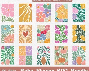 Paquete de flores abstractas en formato Svg y PNG, flores en formato Svg, flores retro en formato Svg, flores bohemias en formato PNG, flores bohemias en formato PNG, flores con estilo en formato Svg.