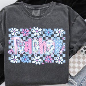 Checkered Floral Teacher PNG: Retro Sublimation Design (Digital Download)