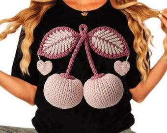 Faux Crochet Valentine Png – Knit Cherry & Bow Clipart -Digital Download