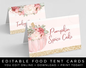Pumpkin Birthday Pumpkin baby Shower Pumpkin Pink Food Label Instant Download Editable Template Halloween Birthday Food Tent Pumpkin Girl