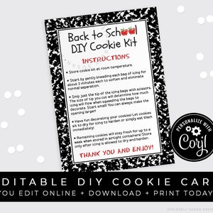 CUSTOMIZABLE DIY Back to School Cookie Kit Instructions Printable Card, Composition Notebook Personalized Bts Packaging, Corjl #115COM VIP
