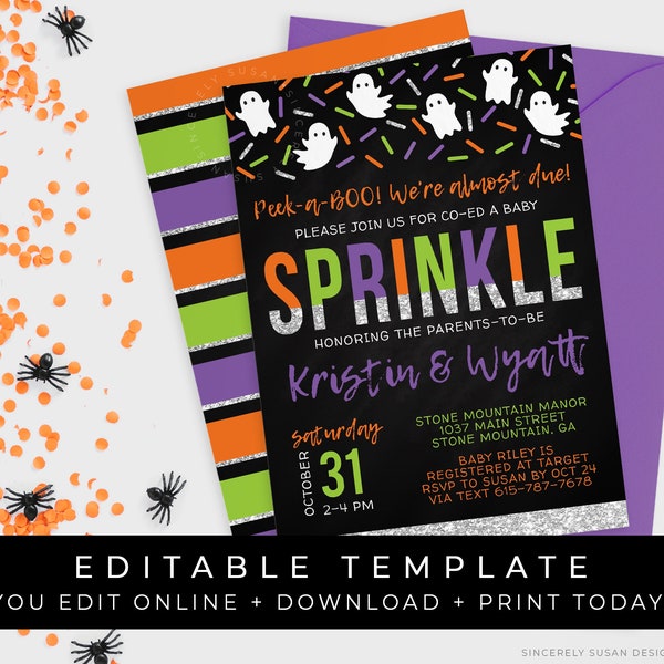 Halloween Baby Sprinkle Invitation Printable Baby Boo Little Ghost Co-Ed Invite Couples Editable Template Card Instant Download Corjl #069F