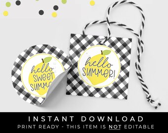 Instant Download Hello Summer Lemon Tag Printable, Black Buffalo Check Gingham Plaid Sweet Summer Lemon Cookie Tag, #275BKID VIP