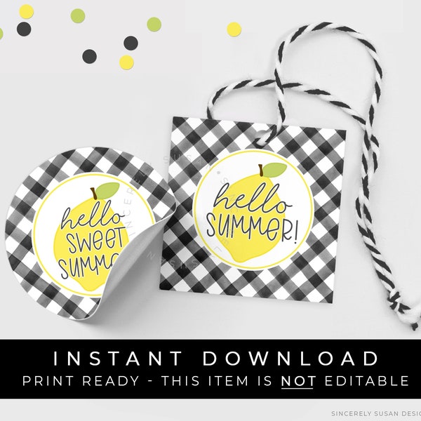 Instant Download Hello Summer Lemon Tag Printable, Black Buffalo Check Gingham Plaid Sweet Summer Lemon Cookie Tag, #275BKID VIP