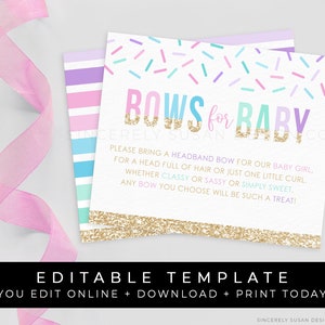 Baby Sprinkle Bow Insert Card for Invitation Bring a Bow Headband Girl Baby Shower Gift Printable Instant Template Download, Corjl #014