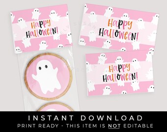 Instant Download Pink Ghost Halloween Bag Topper, Happy Halloween Ghost Boo Printable Mini Cookie Bag Topper, #156PID VIP