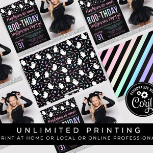 May include: Printable Halloween party invitation with a black background and a pattern of white ghosts and colorful sprinkles. The invitation says "Madison is nine! Please join us for a spook-tacular Boo-Thday Halloween Party!" and includes a date of October 31st.