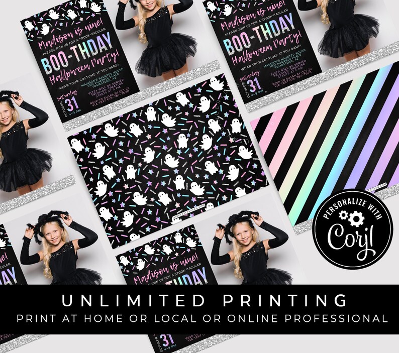 May include: Printable Halloween party invitation with a black background and a pattern of white ghosts and colorful sprinkles. The invitation says "Madison is nine! Please join us for a spook-tacular Boo-Thday Halloween Party!" and includes a date of October 31st.