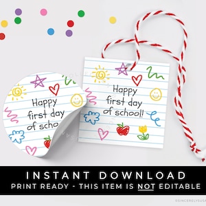 Sofortiger Download Fröhlicher erster Schultag druckbares Tag, Kreide Back to School Cookie Anhänger, Notebook Papier Doodles Geschenkanhänger, #262GID VIP