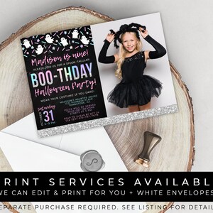 May include: A black and silver glitter Halloween party invitation with a photo of a girl in a black costume. The invitation says "Madison is nine!" and "BOO-THDAY Halloween Party!" with a date and time of Saturday, October 31st from 4-9 PM. The invitation also includes the address and RSVP information.