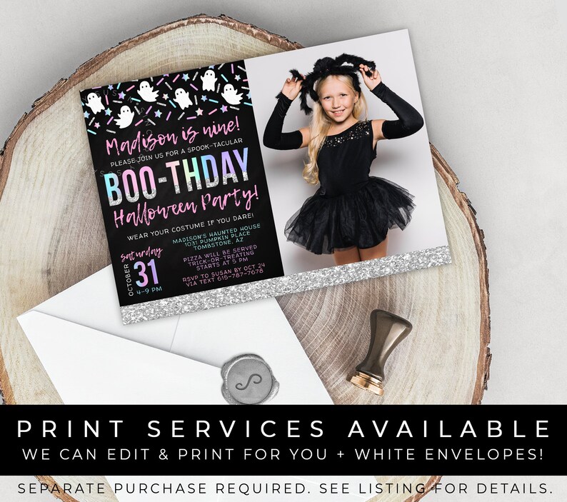 May include: A black and silver glitter Halloween party invitation with a photo of a girl in a black costume. The invitation says "Madison is nine!" and "BOO-THDAY Halloween Party!" with a date and time of Saturday, October 31st from 4-9 PM. The invitation also includes the address and RSVP information.