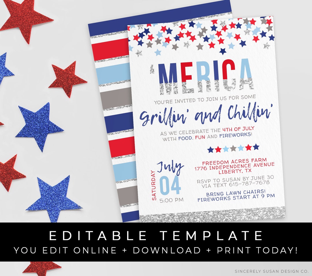 Merica 4th of July Invitation Red White & Blue BBQ America USA Party ...