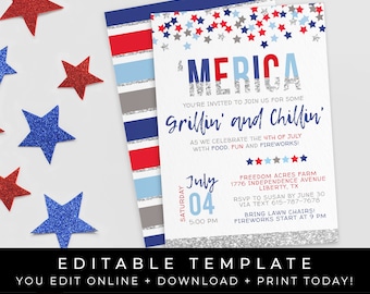 Merica 4th of July Invitation Red White & Blue BBQ America USA Party Patriotic Stars Editable Digital Template Download Printable Corjl #062