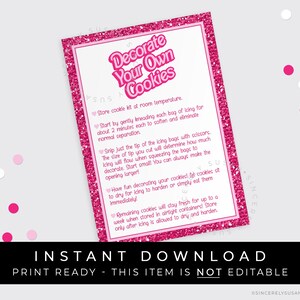 Instructions du kit de décoration de votre propre biscuit à paillettes roses à téléchargement immédiat, carte imprimable, biscuits tendance roses DIY 3,5 x 5 po, # 302EID VIP