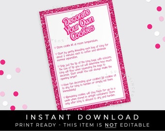 Instant Download Pink Glitter Decorate Your Own Cookies Kit Instructions Printable Card, Pink Fashion Cookies DIY 3.5 x 5", #302EID VIP