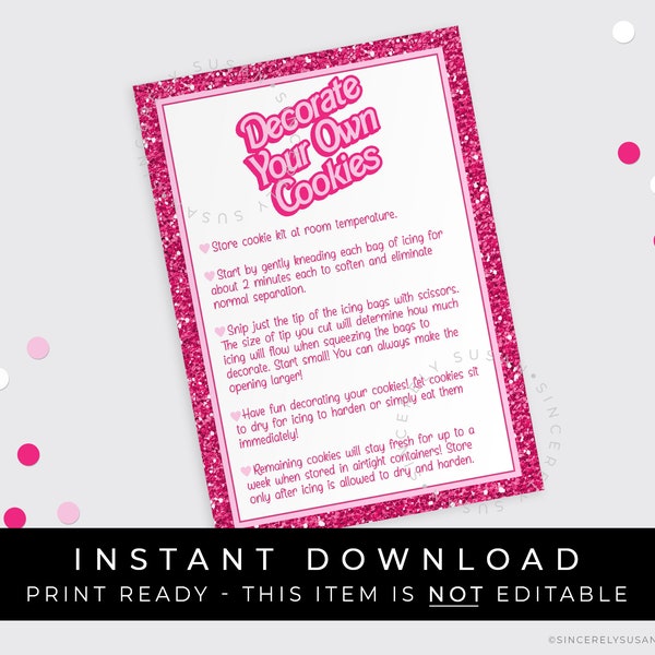 Instant Download Pink Glitter Decorate Your Own Cookies Kit Instructions Printable Card, Pink Fashion Cookies DIY 3.5 x 5", #302EID VIP