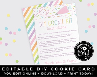 CUSTOMIZABLE DIY Cookie Kit Instructions Printable Card, Sugar Cookie Decorating Kit Packaging Icing Bag Pastel Sprinkles, Corjl #105A VIP