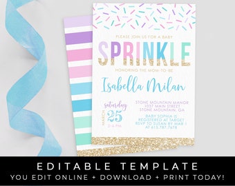 Baby Sprinkle Invitation Boy Printable Sprinkles Confetti Gender Neutral Baby Shower Invite Editable Instant Template Download, Corjl #014B