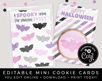 CUSTOMIZABLE Happy Halloween Bats Cookie Card Printable, Purple Pink Halloween Spooky Treat Halloween Mini Cookie Card, Corjl #173CID VIP