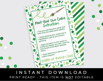 Instant Download St. Patrick's Day PYO Paint Your Own Cookie Instructions Printable Card, Shamrock Lucky Clover Cookie Decorating, #242 VIP