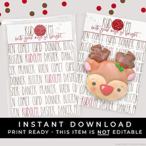 Instant Download Rudolph Christmas Cookie Card afdrukbaar, Santa's Rendier Mini Cookie Card Verpakking, #194ID VIP
