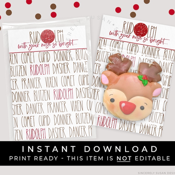 Instant Download Rudolph Christmas Cookie Card Printable, Santa's Reindeer Mini Cookie Card Packaging, #194ID VIP