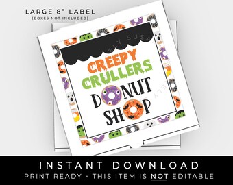 8-Zoll-Creepy Crullers Donut Shop Pizza Box Label, Spooky Sweet Donut DIY Cookie Kit Box Sticker Tag druckbar, #183WID VIP